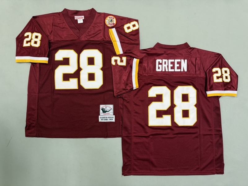 Men 2025 Washington Redskins 28 Green red Throwback Limited NFL Jersey style 001